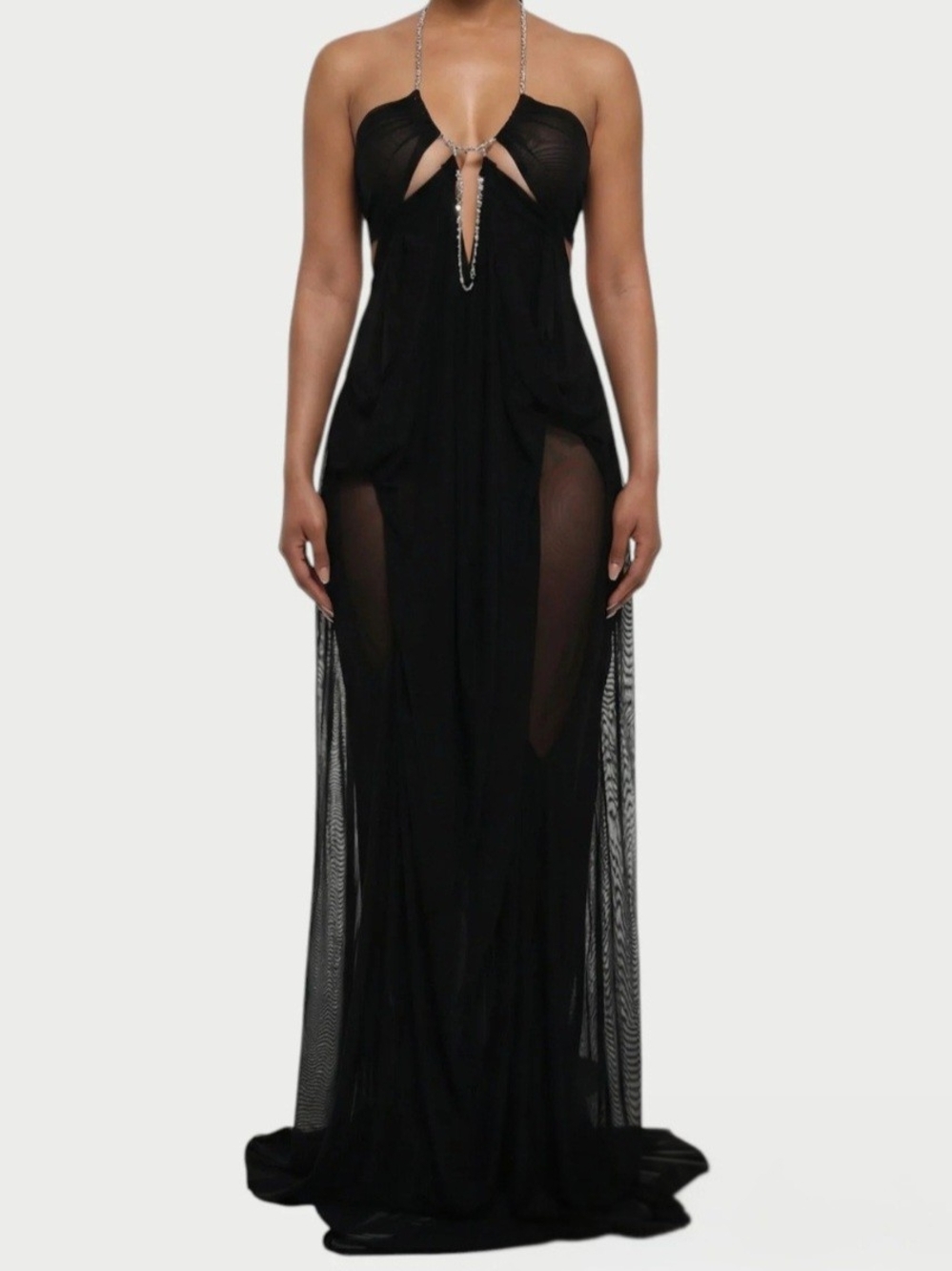 Celestia Aluma Crystal Chain Sheer Flow Maxi Dress